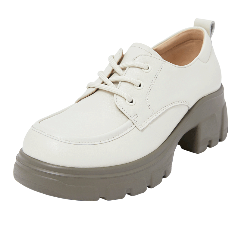 COMELY Thick-Soled Leather Shoes for Women, Spring New Style Cowhide Lace-Up Fashionable Versatile British Deep-Mouth Flats, Beige, Size 36
