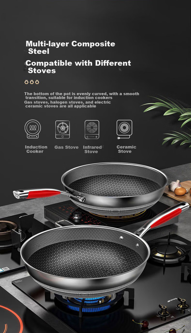 KBH Fifth Generation Wok, Antibacterial Stainless Steel Non-Stick Pan, Double-Sided Honeycomb Flat Bottom Deep Frying Wok for Stir-Frying 10