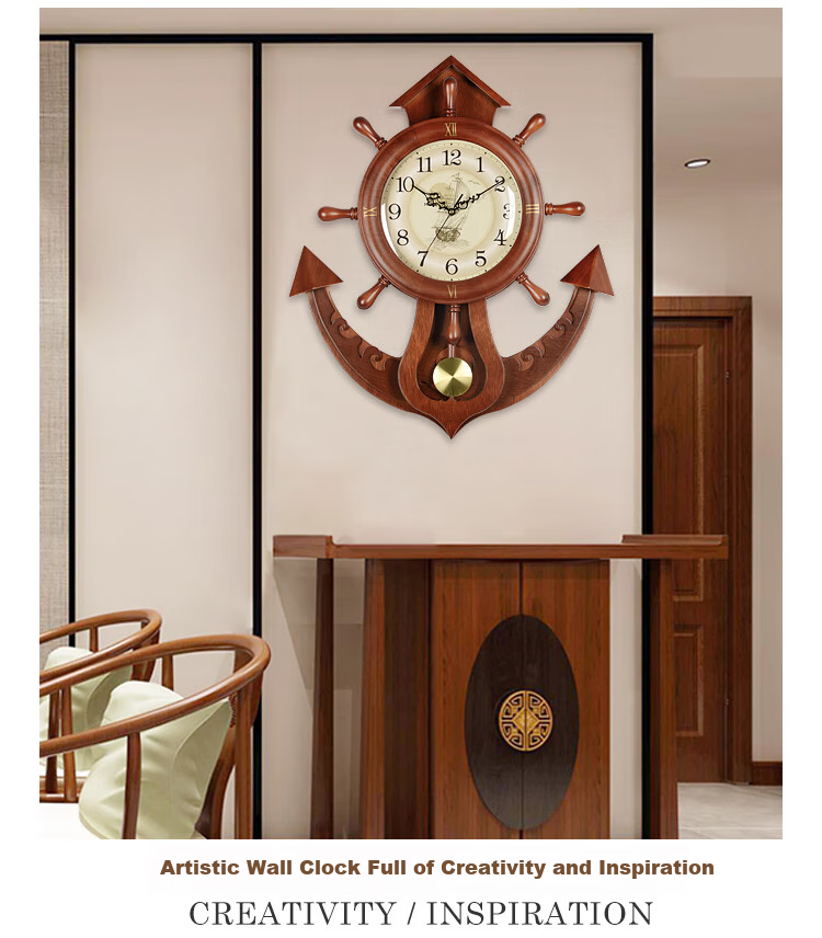 Hense Creative Rudder Wall Clock, Living Room Wall-Mounted Clock, Wall Clock, Dining Room Quartz Clock, HP39 Brown, 66cm 4