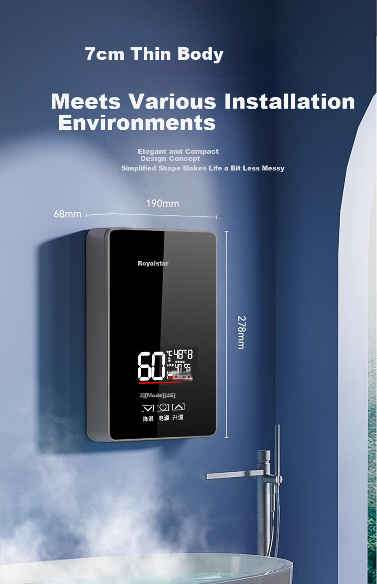 Royalstar Instant Electric Water Heater for Home Use, Fast Heating, Compact Kitchen Treasure, Bathroom Instant Heating, No Water Storage Required, Variable Frequency Constant Temperature, 6000W, Water And Electricity Separation + Unlimited Hot Water + Leakage Protection Switch 6