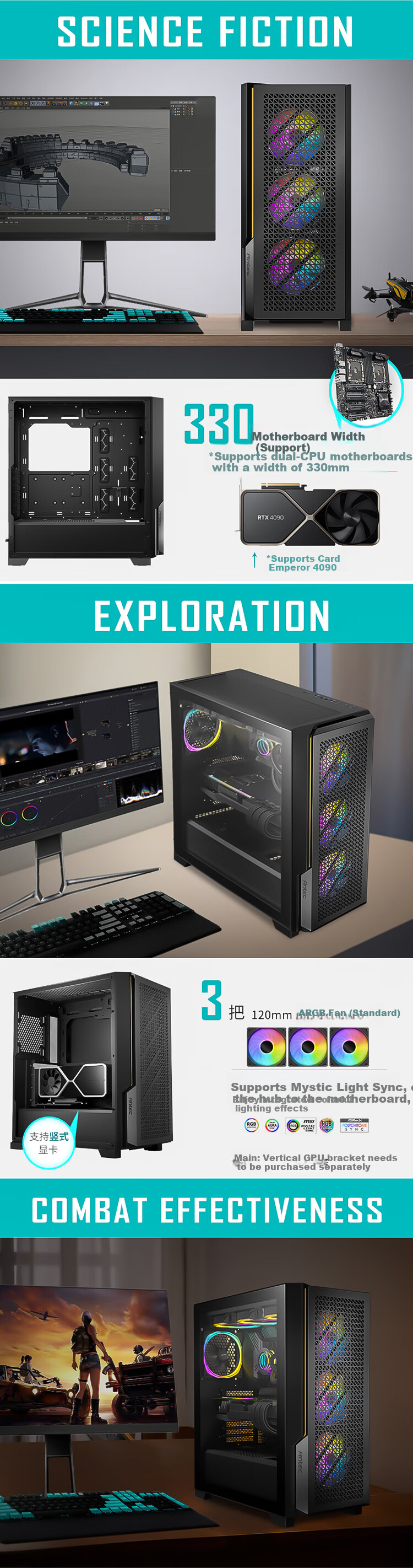 Antec P20C, ARGB Type-C Interface, Glass Side Panel Case, 360mm Water Cooling, with 3 Fans Included 2