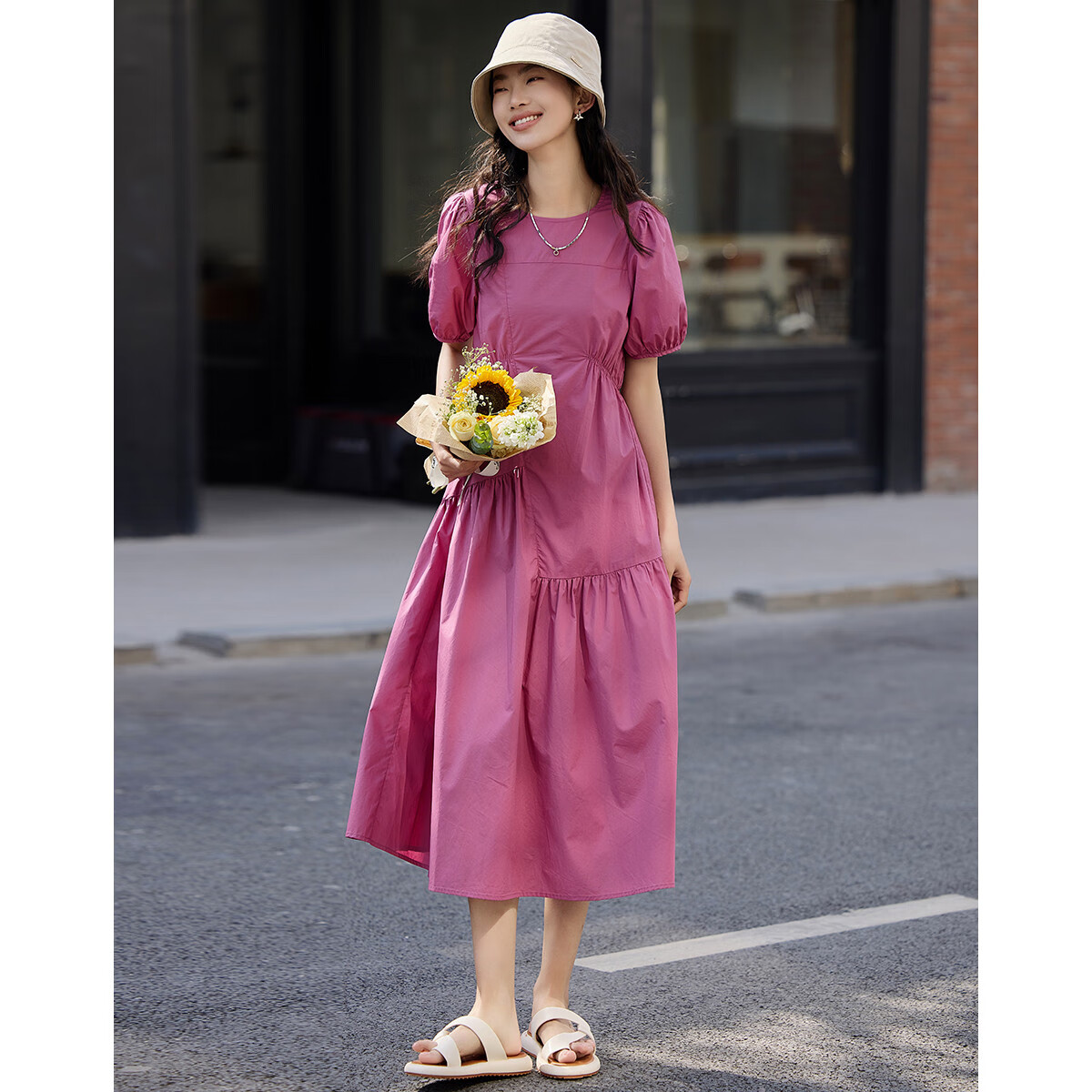Dme [Puff Sleeve Ruched Dress] Summer Dopamine Sweet Style Round Neck Dress