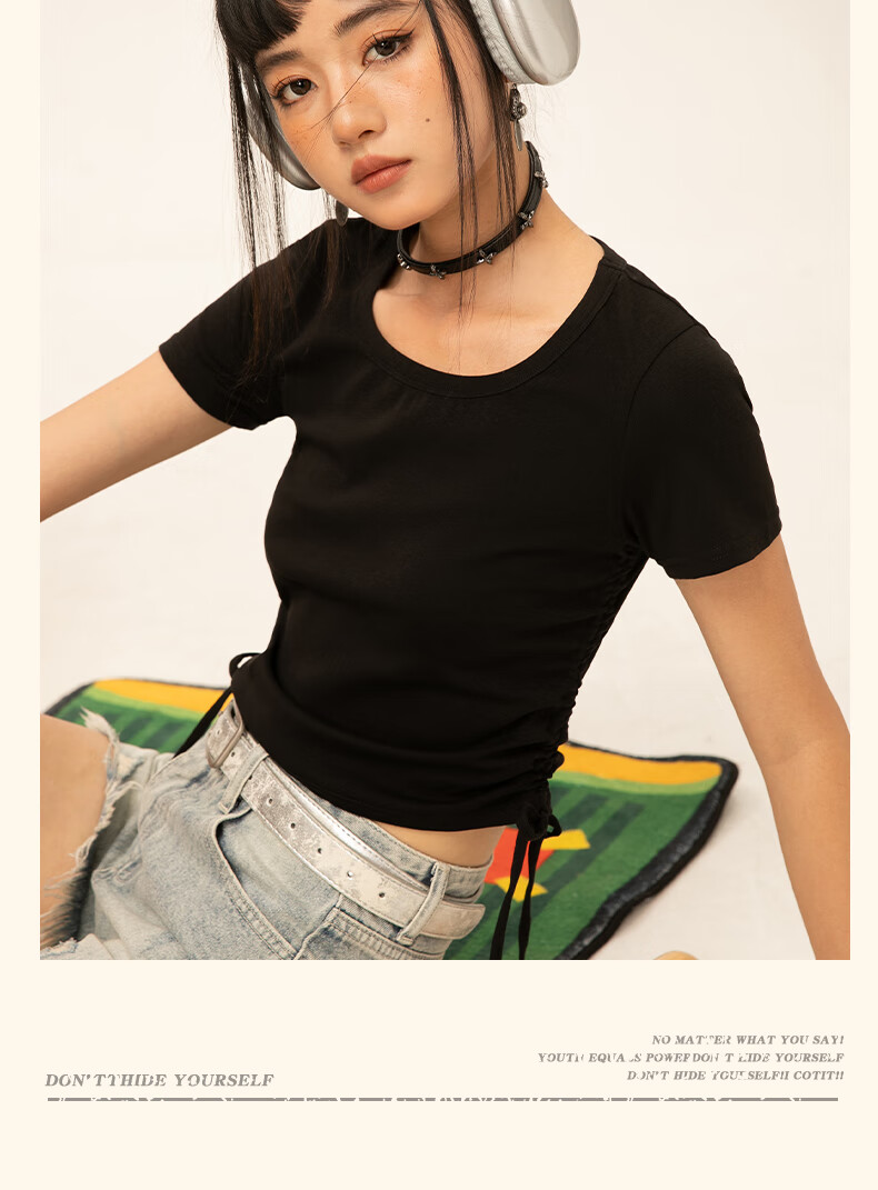Warrior Red Short Sleeve T-Shirt Women Summer 2026 New Knitted Drawstring Half Sleeve Slim Waist Crop Top 11