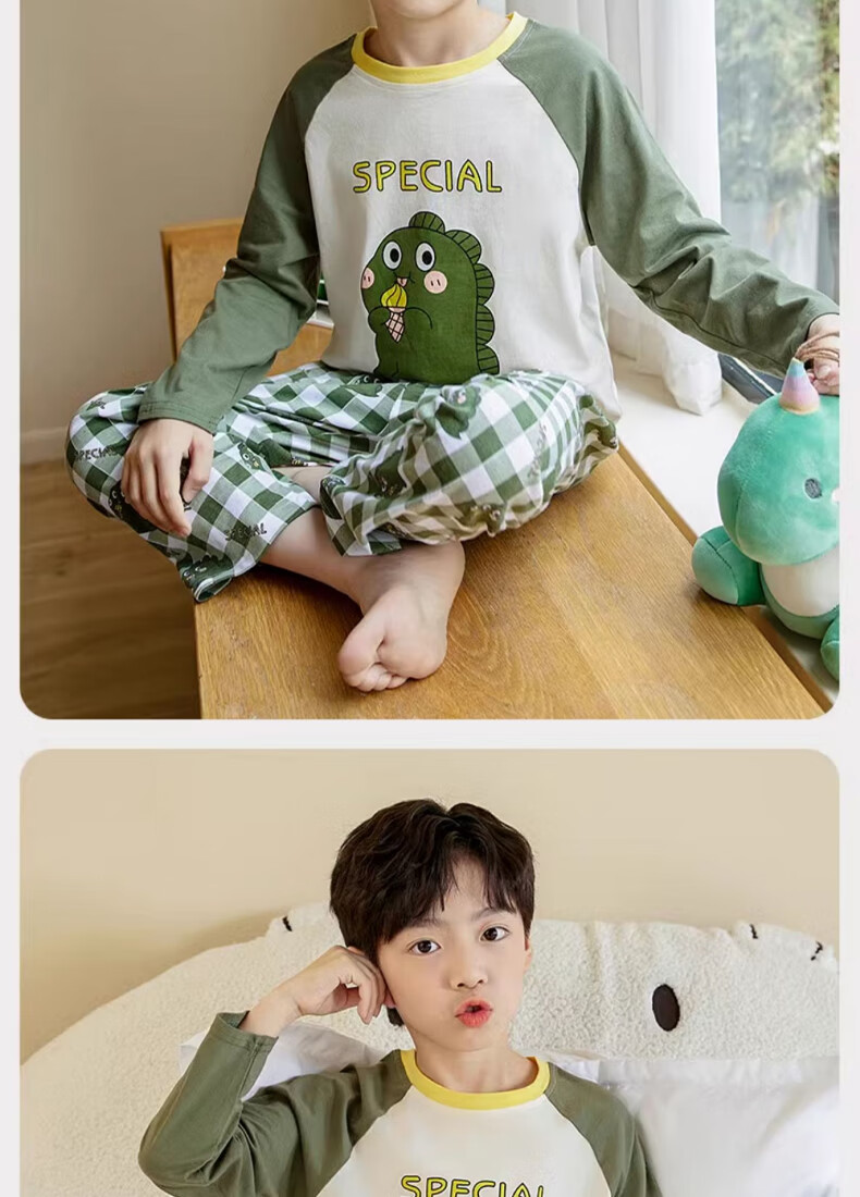 Langsha Boys' Pajamas Spring Autumn 2026 New A-Class Pure Cotton Children's Homewear Set Big Kids Autumn Tops and Bottoms 12