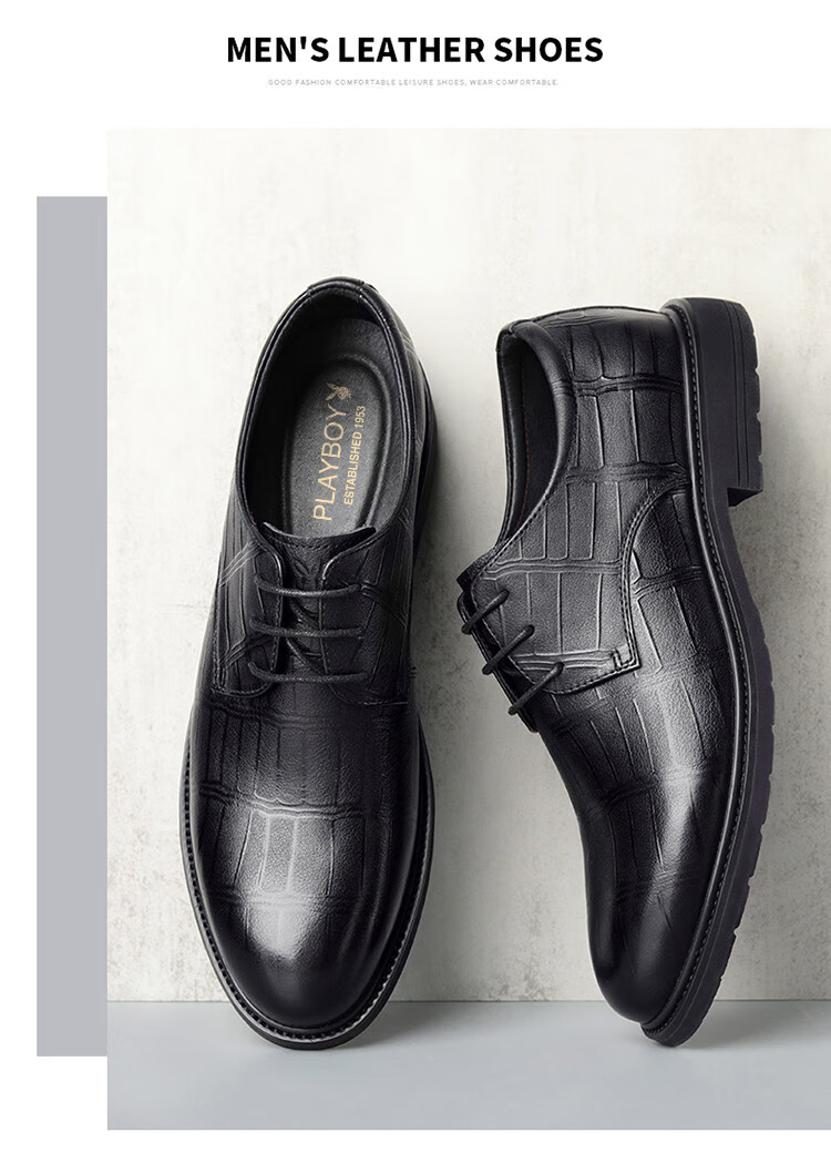 PLAYBOY Men's Shoes, Spring Soft Leather Business Commute Derby Shoes, Trendy British Style Formal Dress Pointed Casual Leather Shoes for Me 1