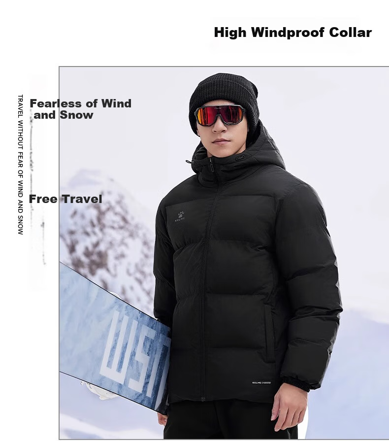 KELME Sports Hooded Cotton Jacket, Winter New Style, Heat-Retaining Warm Coat, Thickened Fashionable Puffer Jacket, Onyx Black, S 10