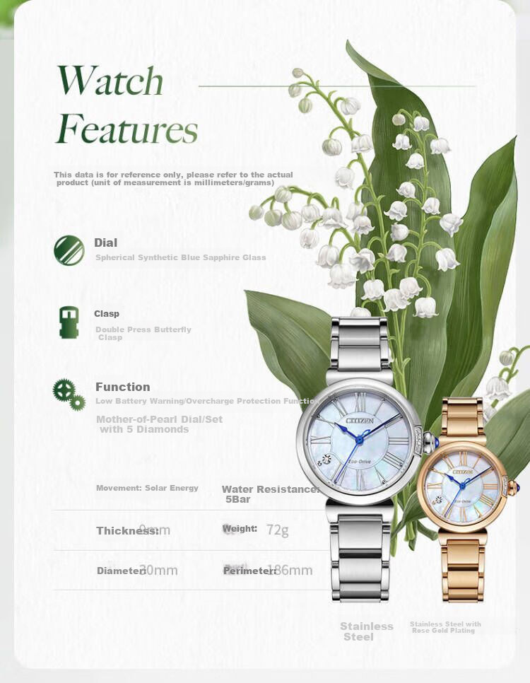 CITIZEN Watch for Women, Japanese And Korean Style, Small Bell Flower, Eco-Drive, Mother-Of Dial, Steel Band, Girlfriend Gift, EM1060-87N Gift Box Editio 9