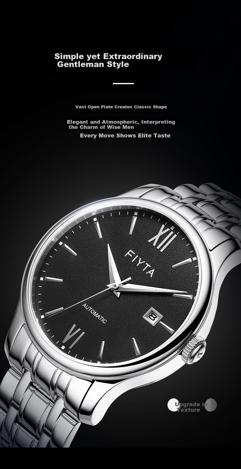 FIYTA Men's Watch, Classic Series Automatic Mechanical with Date Display, Black Dial, Steel Strap, Elegant Business Wristwatch, Holiday Gift 3