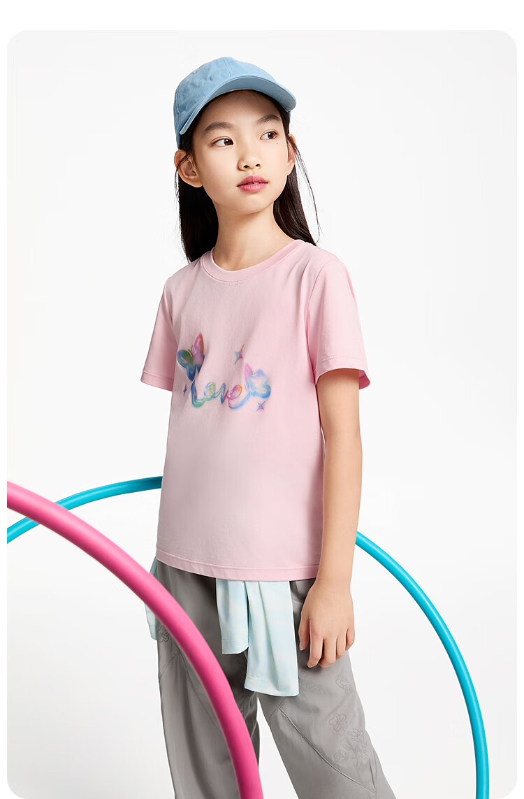 Annil Girls' Round Neck Short-Sleeve T-Shirt, New Summer 2025 Style, Cherry Blossom Pink, Size 120 10
