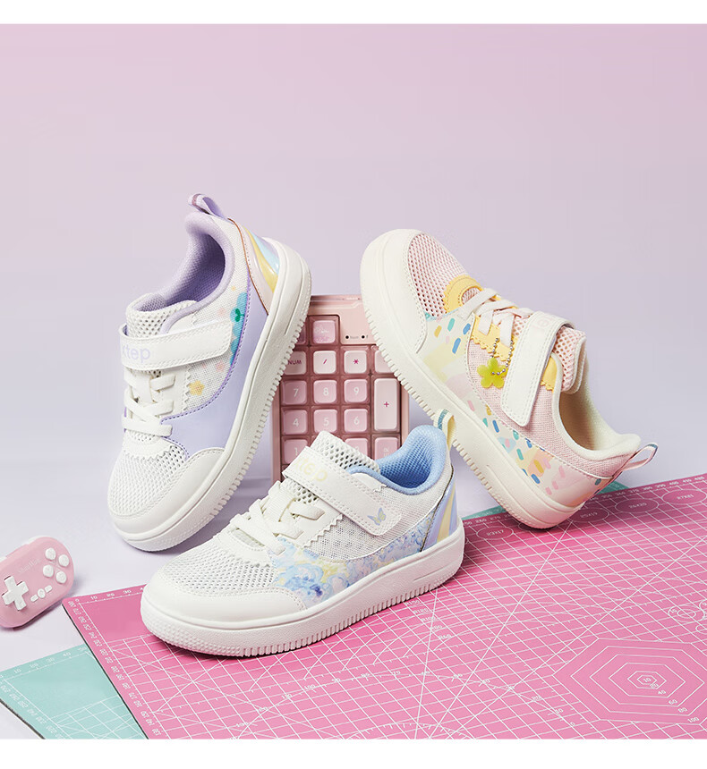 XTEP Children's Shoes, Girls' Toddler Floral Decorative Lightweight Velcro Sneakers, Sail White/snow Purple, Size 33 4