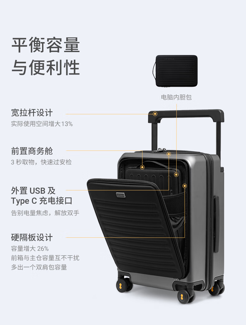LEVEL8 Suitcase Travel Luggage for Men And Women, Business Carry-On with Front Opening, Wide Handle, Creator Series in Gray 21