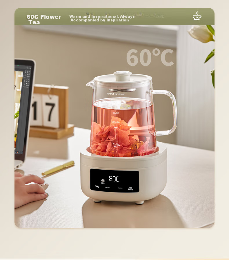 Royalstar Health Pot, All Glass, No Glue, Constant Temperature Kettle, Water Boiler, Tea Maker, 1.2L Household Office Flower Tea Pot, Health Cup, Mid-Autumn Festival Gift, 24H Heat Preservation YSH1280 8