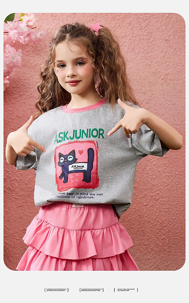 ASK JUNIOR Children's Short-Sleeve T-Shirt, Summer Wear, Pure Cotton Breathable, Girls' Casual Versatile Regular Shoulder Half Sleeve, Gray, Size 160 10
