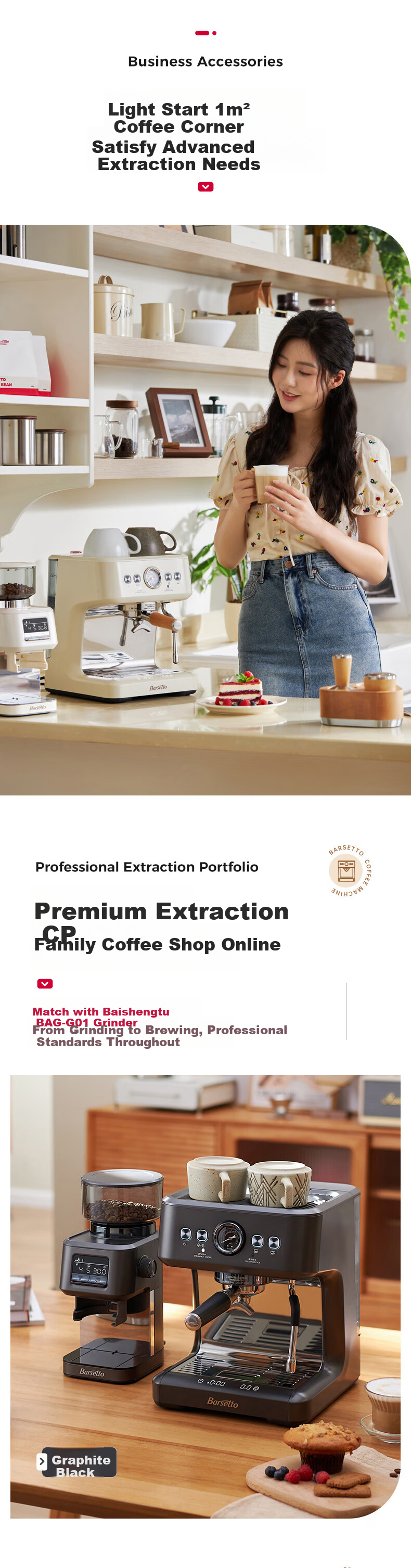 Barsetto [Mid-Autumn Festival Gift] Baishengtu Coffee Machine, Small Italian Semi-Automatic Home Use, Dual Heating Dual Pump, Bean Grinding All-In Espresso Extraction, Detachable Machine, BAE-M3 Black Set 2
