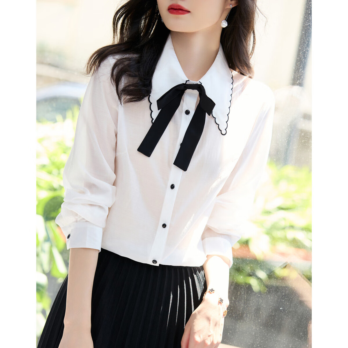 Dme [Detachable Bow Blouse] Spring And Autumn Embroidered Lapel Long-Sleeve Contrasting Color Women's Top Shirt