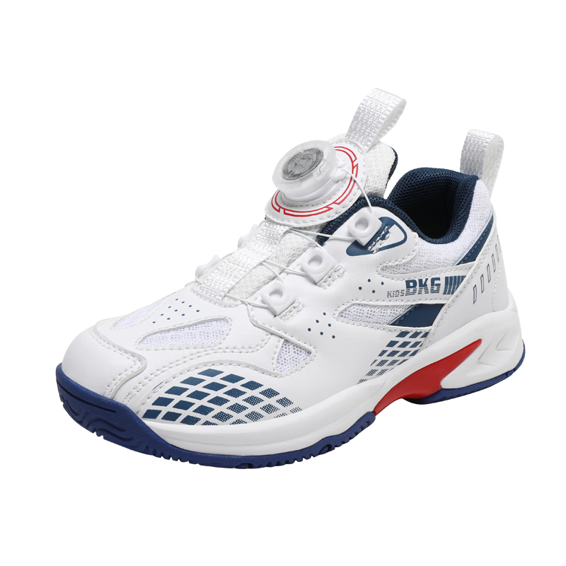 BKG Children's Badminton Shoes, Non-Slip Sports Student Wear-Resistant Rotary Buckle Shoes ZYX25508, White Blue Red, Size 31