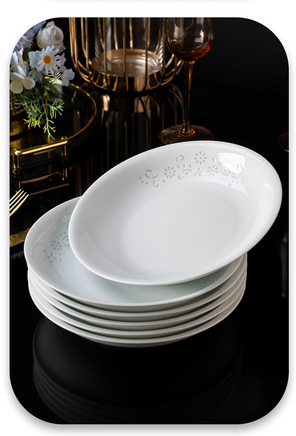 Jingde Story Jingdezhen Ceramic Plate Set 8-Inch Dinner Plates Deep Plates Underglaze Color Exquisite White Porcelain Plates Set of 6 8