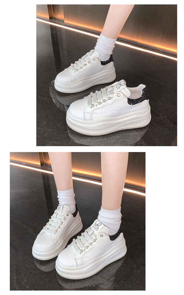 La Chapelle Women's Sneakers, Thick-Soled White Shoes, Versatile Pearl Lace-Up Sports White Shoes-JX005 Silver 39 7