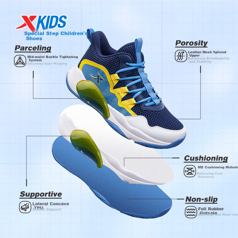 XTEP Children's Basketball Shoes with Leather And Mesh Splicing, Breathable, for Boys And Girls, Deep Blue/mango Yellow, Size 39
