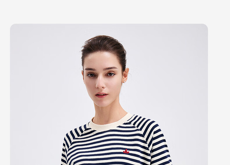 Navigare Women's All-Cotton Loose Long-Sleeve Sweatshirt, Striped Round Neck T-Shirt, 2315005501 23