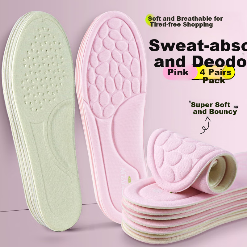 BUYUN 4 Pairs of Shoe Insoles, Odor-Resistant, Shock-Absorbing, for Women's Walking Shoes, Deodorizing, Sweat-Absorbing, Breathable, Non-Slip, Massage Leather Shoes Insoles