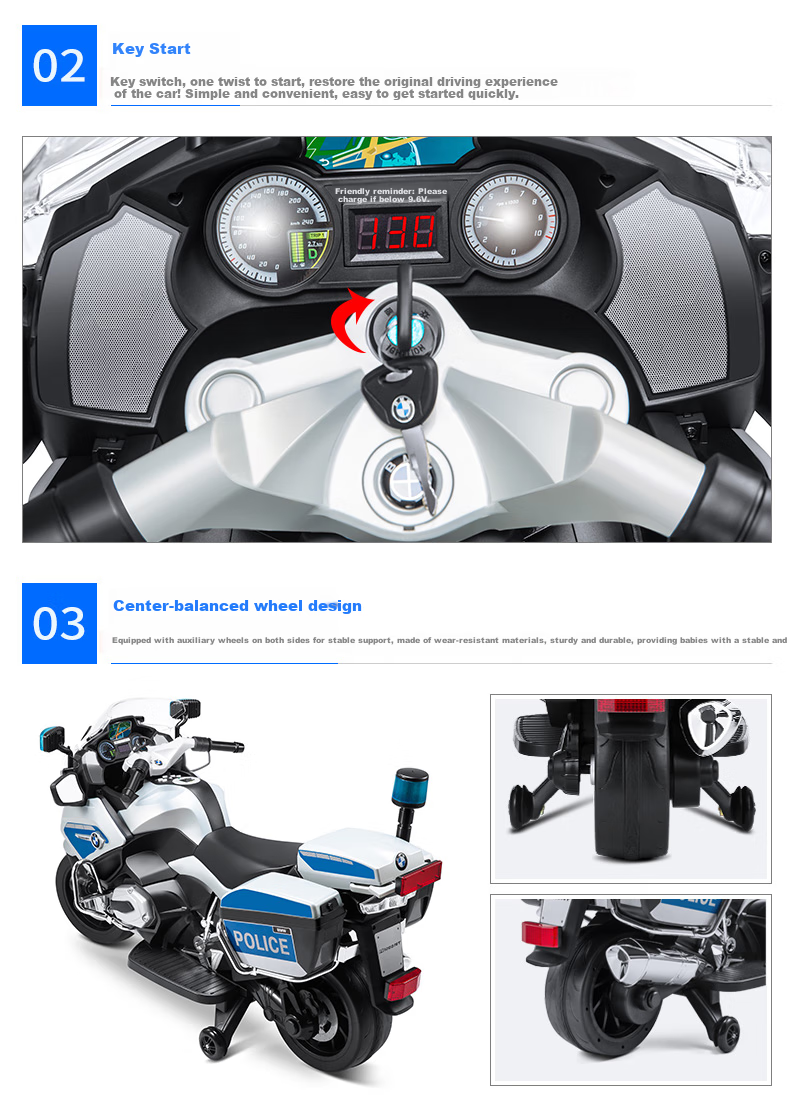CHILOKBO BMW Children's Electric Motorcycle, Two-Wheel Extra-Large Rideable, Double-Person Kids' Toy Police Car, Birthday Gift, Soft Wheels 3
