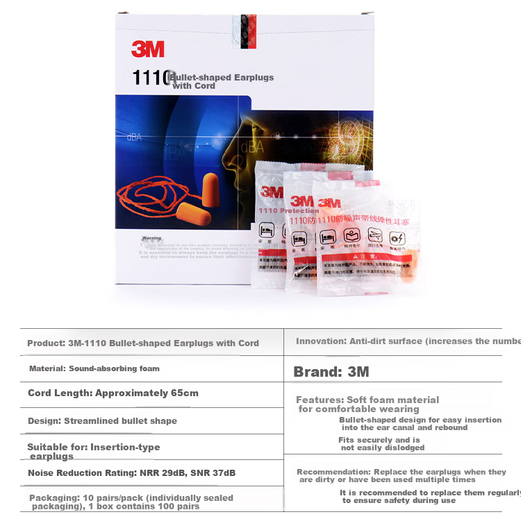 3M Earplugs for Sleeping, Soundproof, Noise Reduction, Anti-Noise, for Sleep, Factory Workshop Use, Noise Reduction 37db, 1110 Foam Elastic with Cord Earplugs, 20 Pairs 2