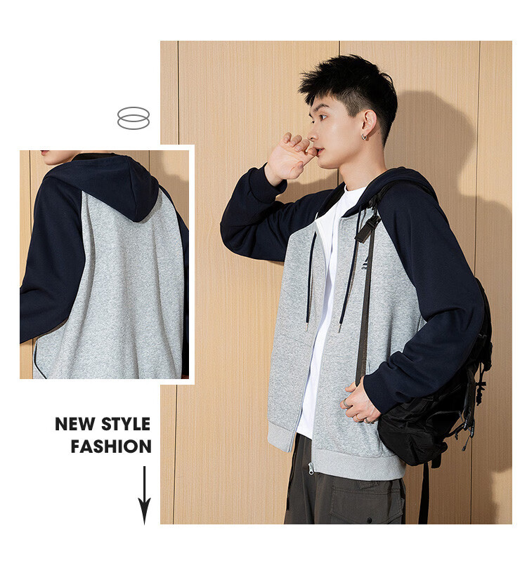 TonLion 2025 Spring Men's Hooded Jacket with Chest Print And Raglan Sleeves, Light Heather Gray, S 1