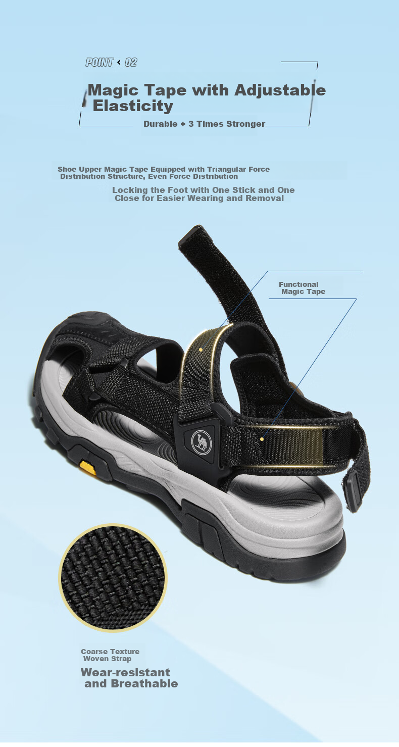 CAMEL Brand, Hollow Breathable Closed-Toe Outdoor Beach Casual Velcro Men's Sandals P14M307605, Black, Size 43 3