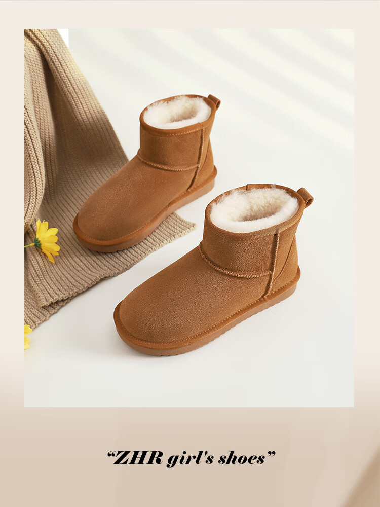 ZHR Snow Boots for Women, 2025 New Style, Fleece-Lined Warm Boots, Genuine Leather Waterproof Short Boots, Cotton Shoes for Women, Coffee Color, Size 35 33