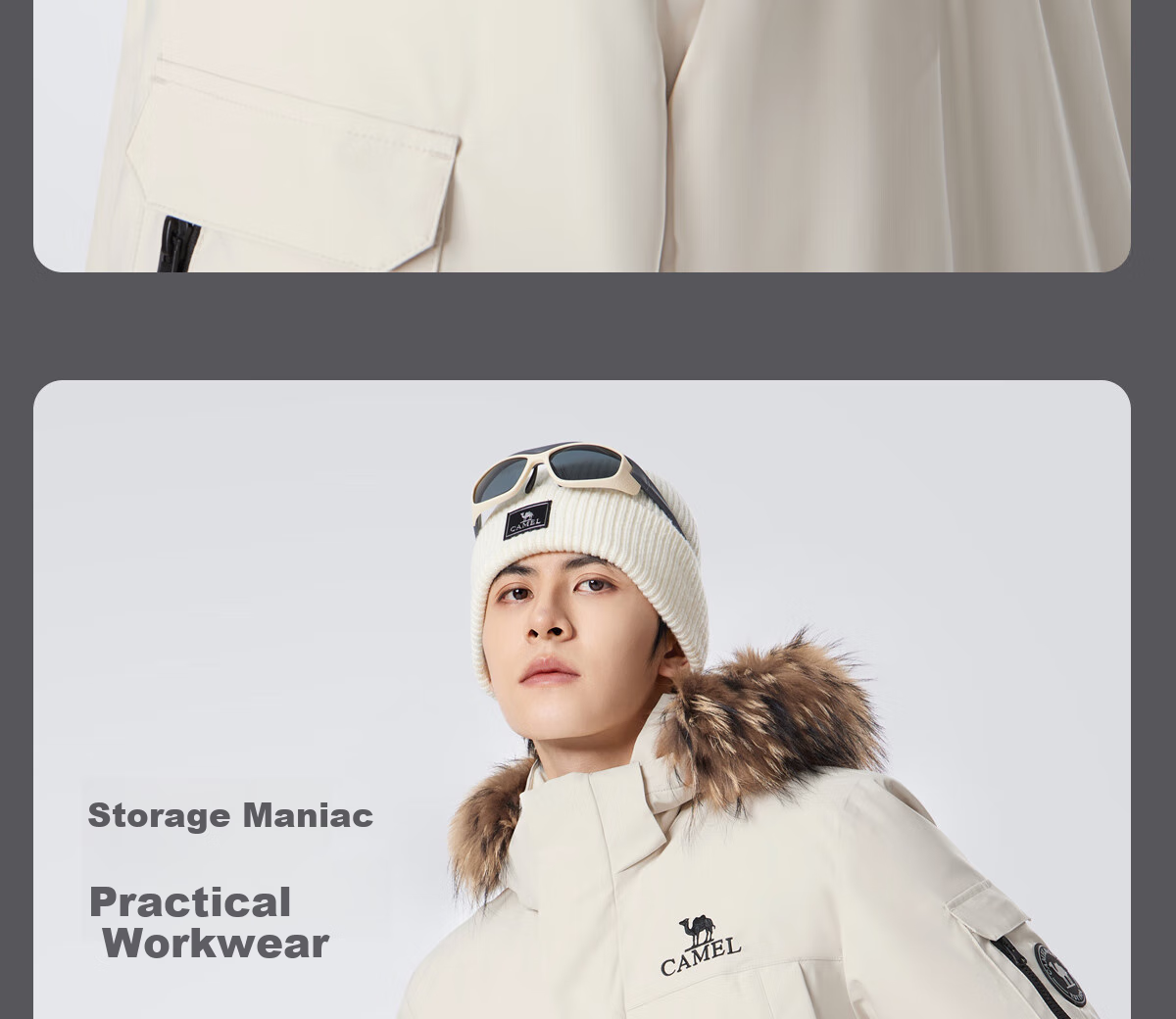 CAMEL Men's Clothing, Large Fur Collar down Jacket, Winter Thickened Workwear Outdoor Warm Windproof Coat, M34CS01643 17