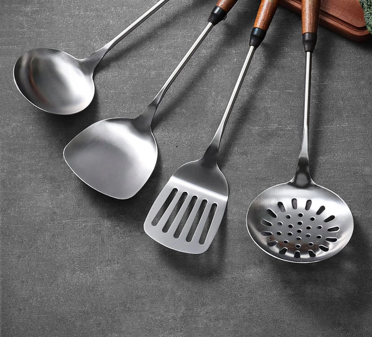 PAKCHOICE 304 Stainless Steel Kitchen Utensil Set with Walnut Color Long Handles, 6-Piece Cooking Spoon, Spatula, and Soup Ladle Set 2