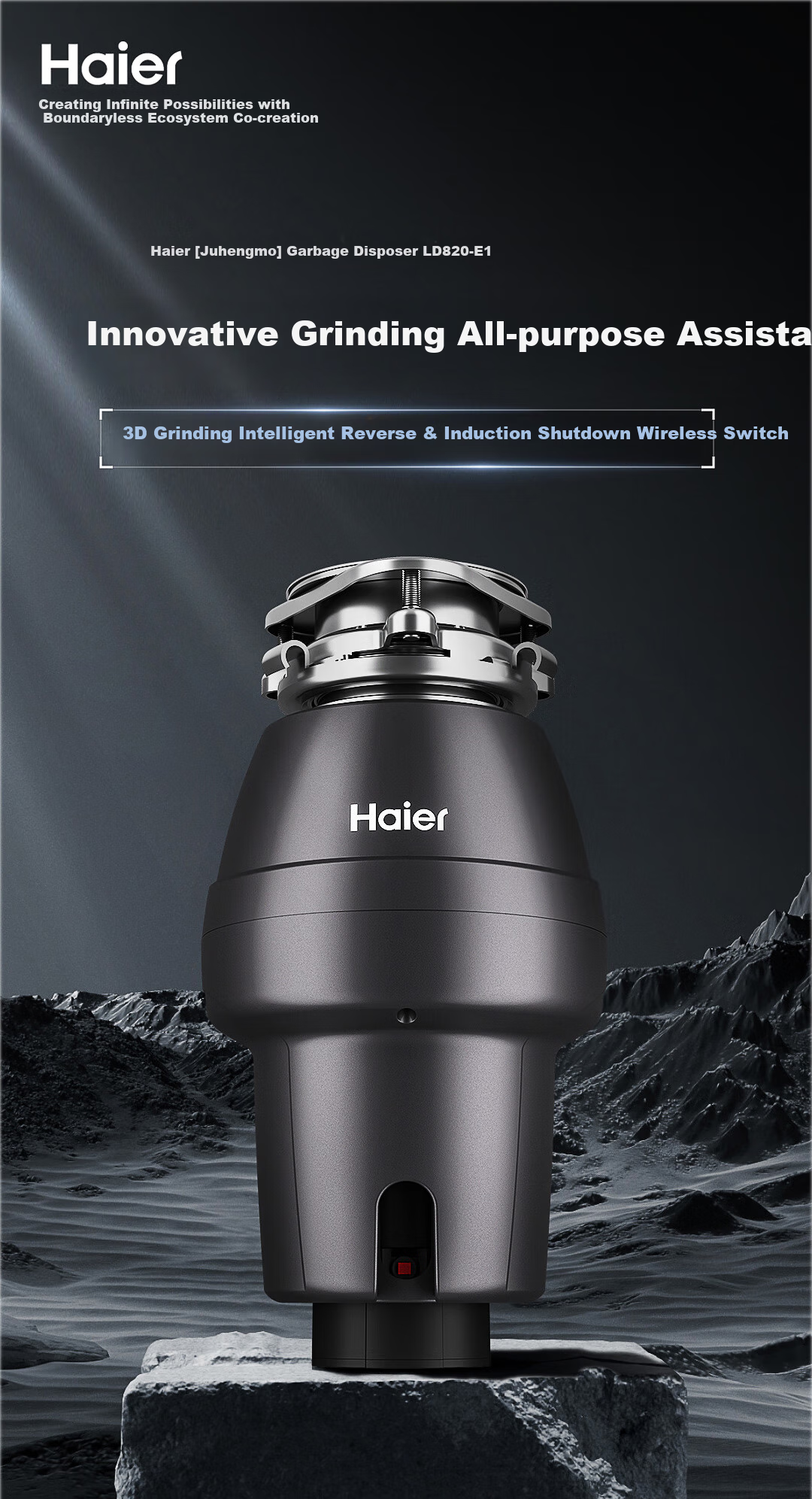 Haier [820W High Power] Smart Garbage Disposal Processor Household Series Kitchen Food Waste Crusher with Noise Reduction Level 5 Grinding 1