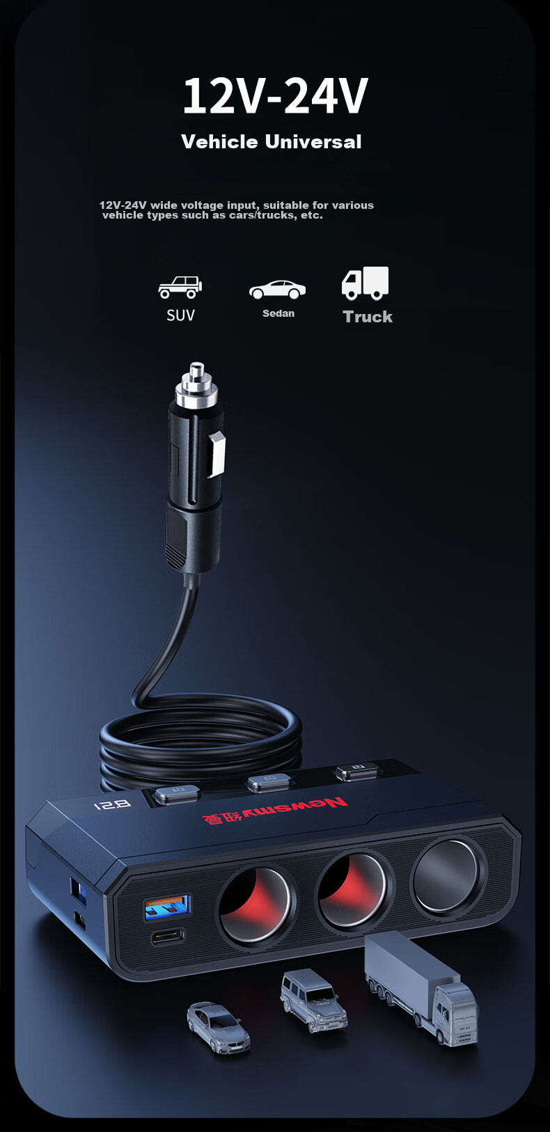 Newsmy Car Charger, Super Fast Charging Cigarette Lighter, Three-In High-Power Car Adapter Plug, Car Fast Charging 9