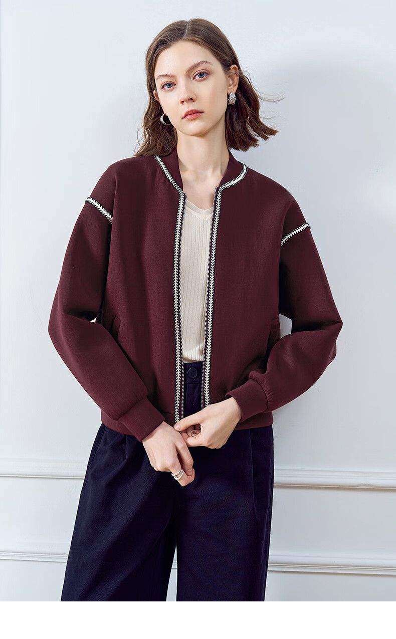 YANYEE Short Elegant Jacket for Women, 2025 Early Spring Commute Simple Versatile Ladies Baseball Coat, Wine Red, M 3
