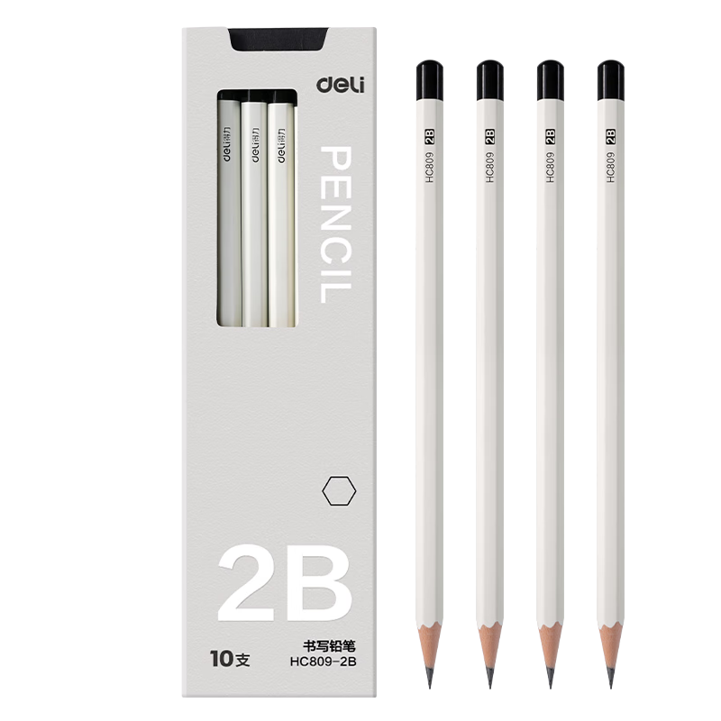 Deli White Hexagonal Writing Pencil 2B (White) (10 Pieces/box), Drawing And Doodling HC809-2B, Student Back-To Stationery