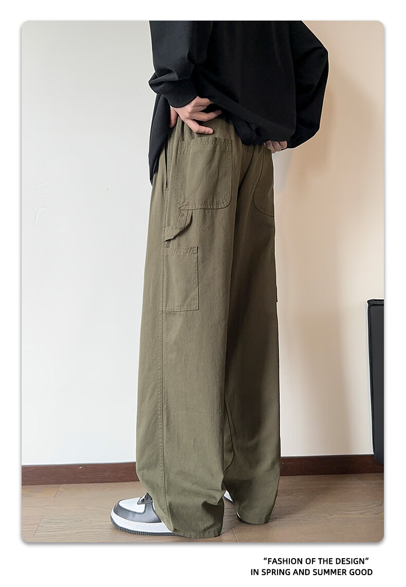 CLOR Japanese-Style Cargo Pants for Men, Spring And Summer Loose-Fit Pure Cotton Vintage Logging Straight-Leg Casual Trousers, CL55 Black XL 8
