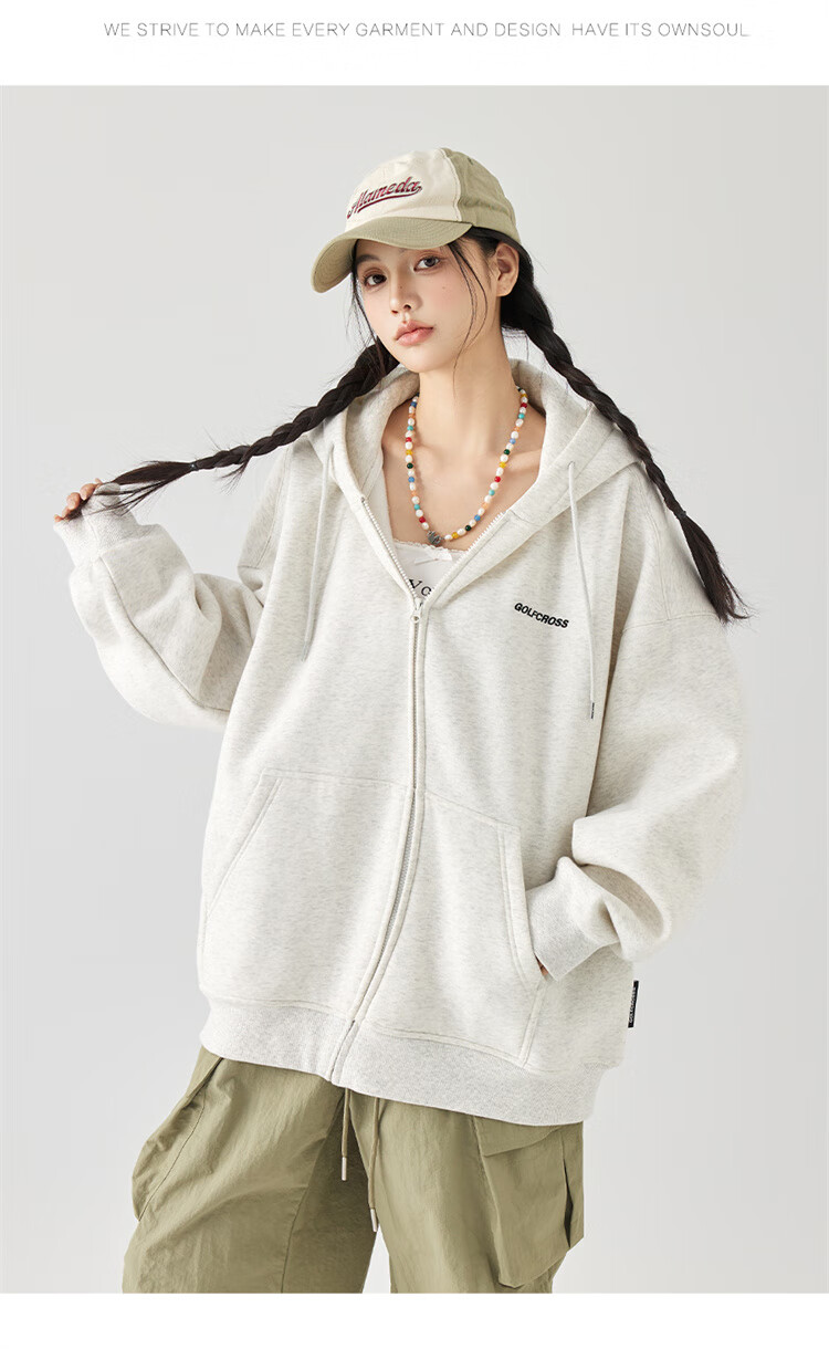 GOLFCROSS Couple's Style, 2025 Spring New Arrival, Letter Embroidery Hooded Drawstring Cardigan Sweatshirt, Floral Gray, M 12