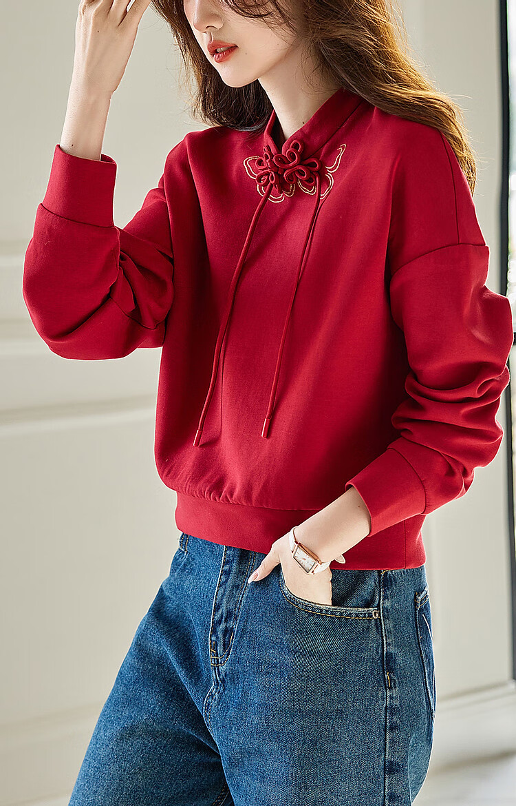 Dme [National Style New Chinese] Spring And Autumn Retro Stand Collar Exquisite Iron-On Disc Button Comfortable Air Layer Sweatshirt Women's Top 10