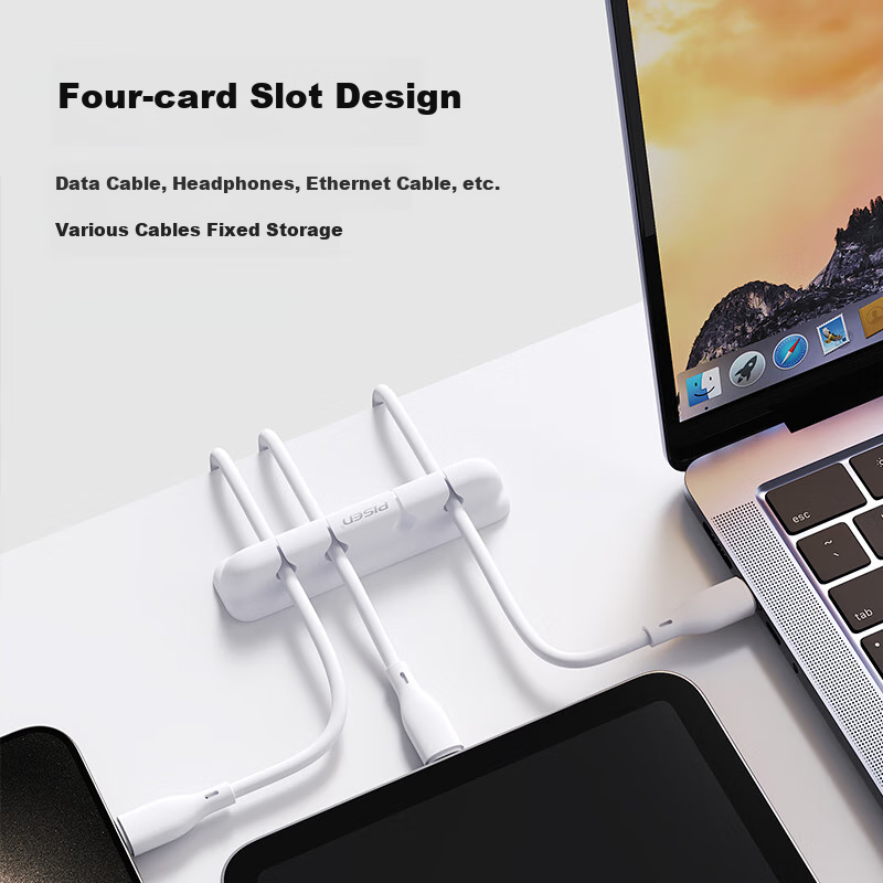 PISEN Cable Organizer Desktop Hub Storage Organizer Fixed Power Cord Cable Clip Winder Movable Nail-Free Wall Sticker Traceless 4-Hole Clip Holder Black