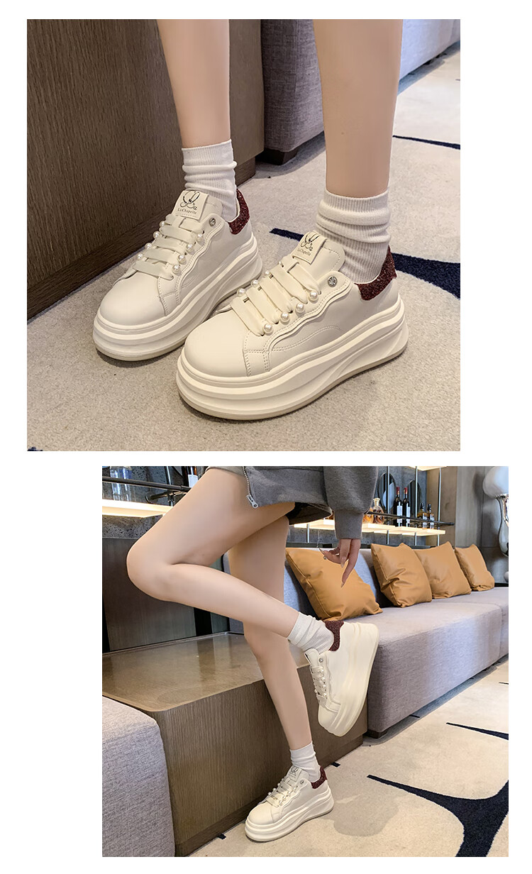 La Chapelle Women's Sneakers, Thick-Soled White Shoes, Versatile Pearl Lace-Up Sports White Shoes-JX005 Silver 39 5