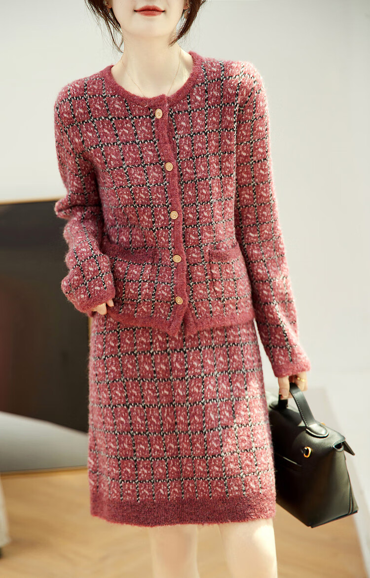 DME Chic Two-Piece Set Spring Autumn Plaid Round Neck Top High Waist A-Line Skirt Women's Fashion 6