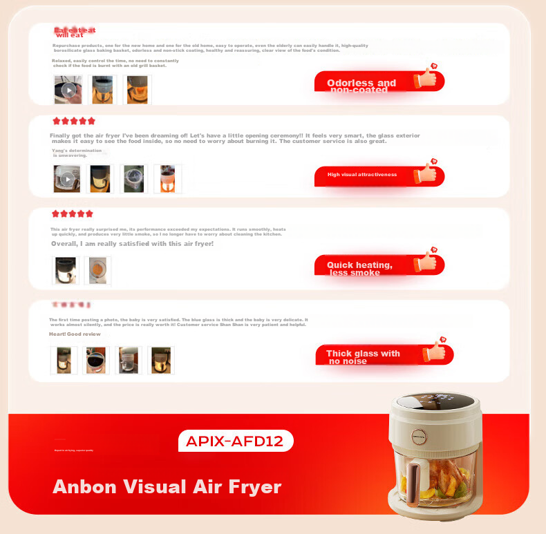 APIXINTL Japanese Air Fryer for Home Use, 4L Large Capacity, No-Flip Design, Steam Tender Frying, Panoramic View, All-Glass Basket Integrated Machine APIX-AFD12 6