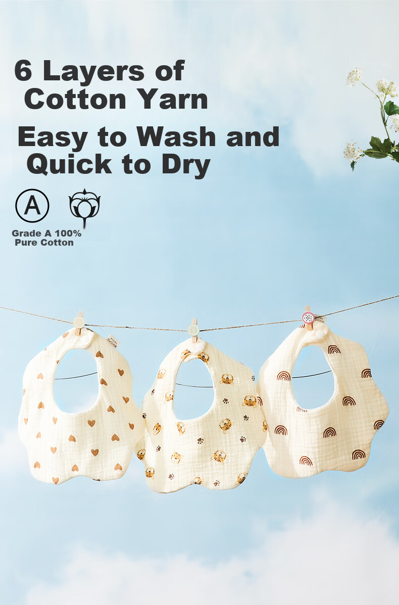 Beedoll Baby Drool Bib, Pure Cotton Waterproof Gauze Bib, Anti-Spit Neck Warmer for Infants, Six-Layer, 3-Pack Set B 8