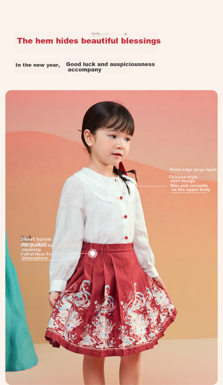 BALABALA Girls' Horse-Face Skirt Children's Outfit, Spring 2025 Embroidered Shirt Short Skirt New Year's Outfit, 208125104005 4
