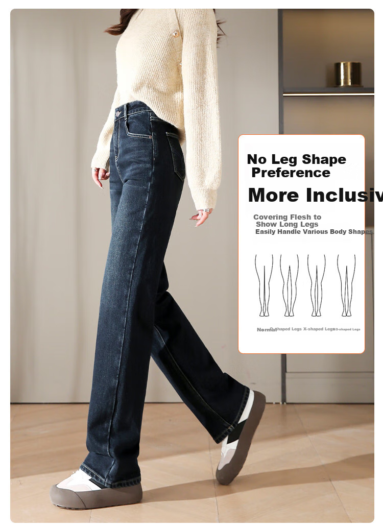 Dme [Fleece-Lined Slim Straight-Leg Pants] Winter Slim Straight-Leg High-Waist Elastic Fleece Wide-Leg Jeans for Wome 2