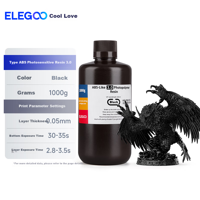 ELEGOO Light-Curing 3D Printer Consumables, ABS Photosensitive Resin, LCD Universal, Class ABS Resin 3.0, Extra Black 1000g