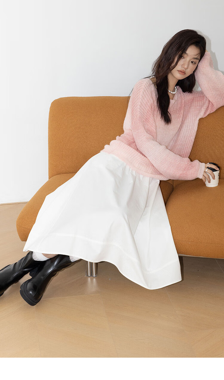 Demana Peach Blush Gradient Design Long Sleeve Knit Sweater Women Winter Crew Neck Pullover 10