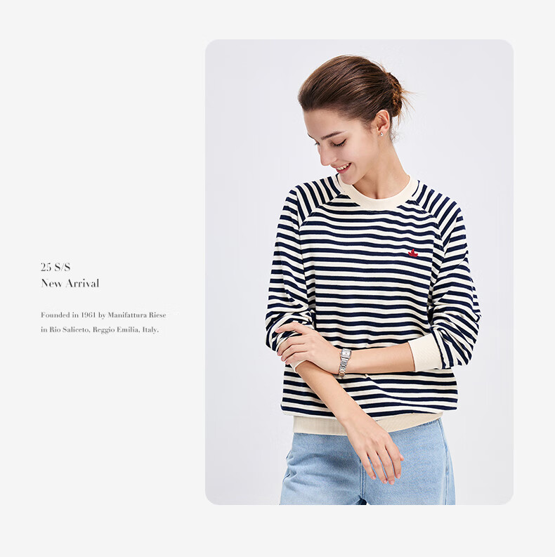 Navigare Women's All-Cotton Loose Long-Sleeve Sweatshirt, Striped Round Neck T-Shirt, 2315005501 22