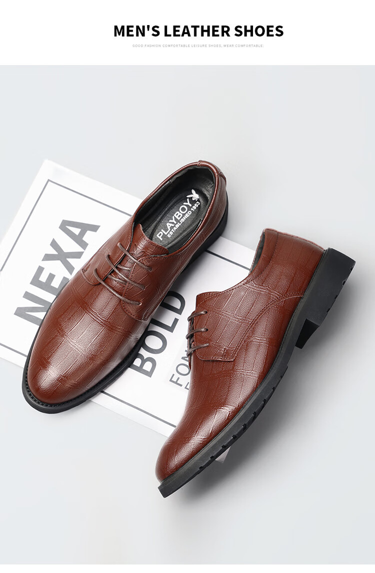 PLAYBOY Men's Shoes, Spring Soft Leather Business Commute Derby Shoes, Trendy British Style Formal Dress Pointed Casual Leather Shoes for Me 3